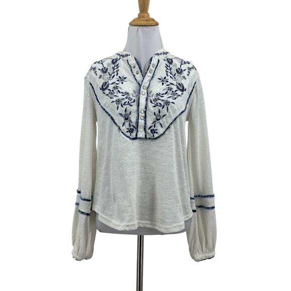 Free People Top Womens XS Extra Small Sundance Embroidered Henley Billowy Sleeve - Picture 1 of 12